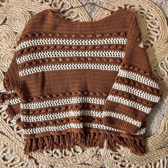 Lou & Grey for Loft Open Knit Crochet Sweater Striped Fringe - Picture 3 of 3